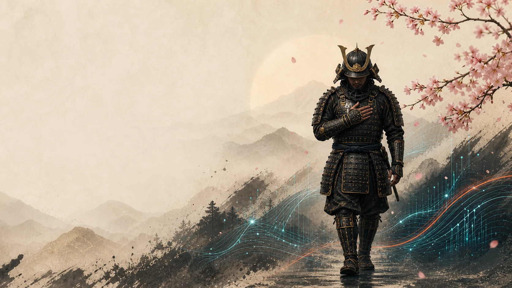 A samurai moving through a warm landscape crossed by subtle technological light trails