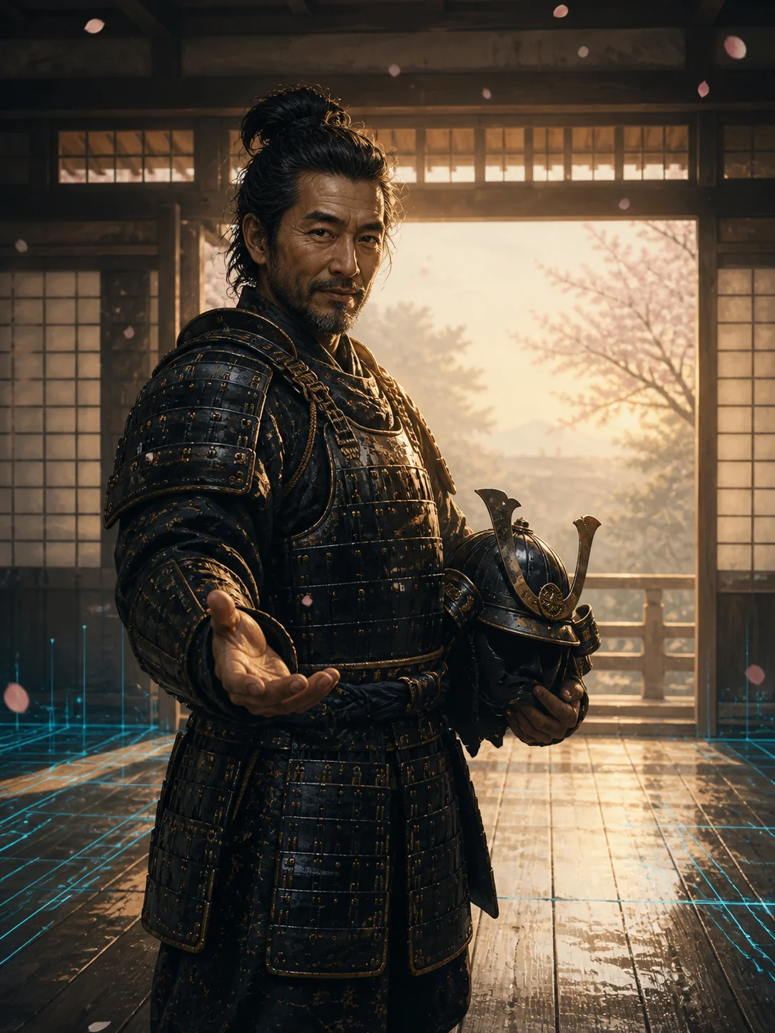 A welcoming samurai extending an open hand in a warm dojo
