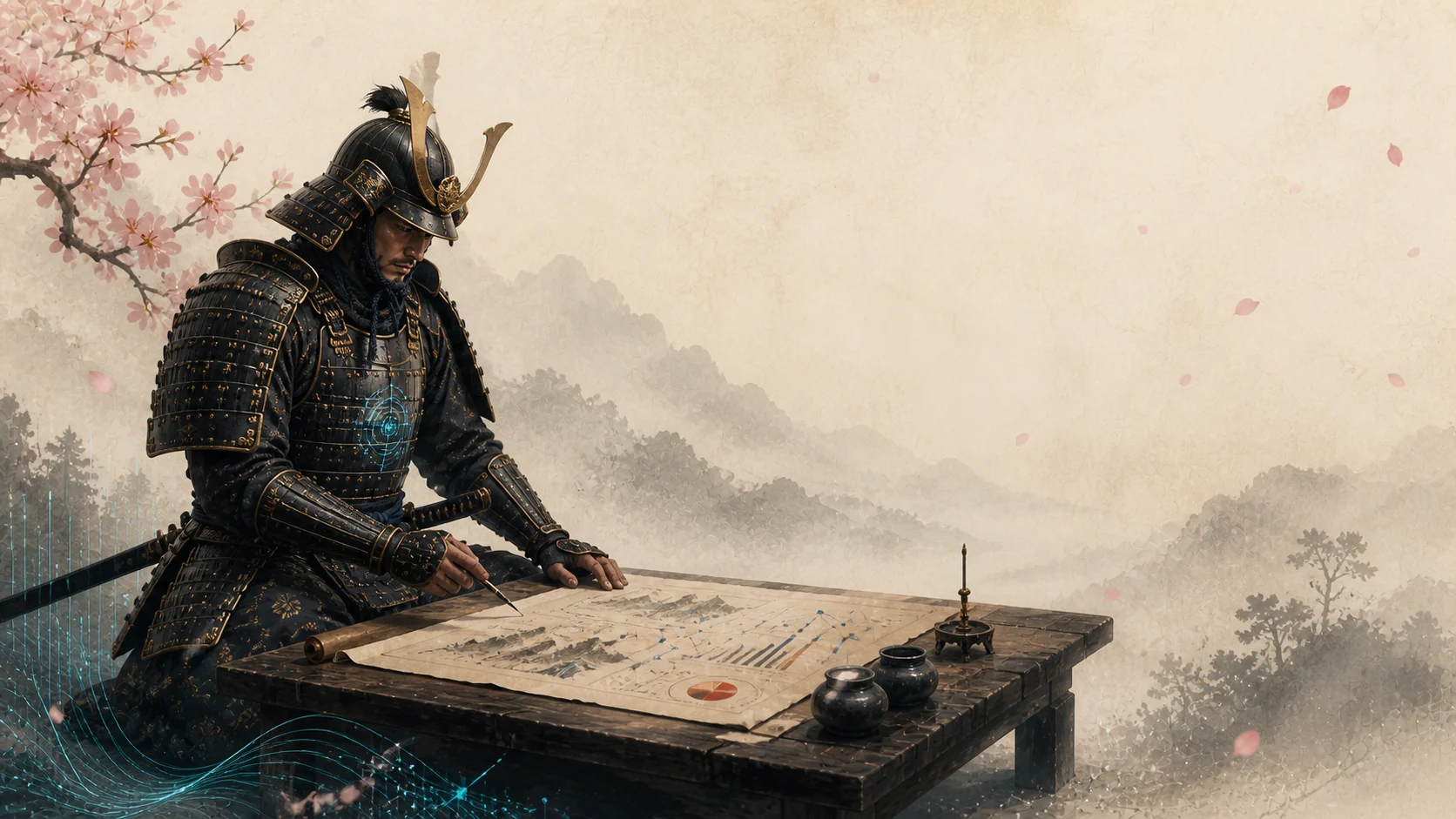 A seated samurai studying a market strategy map at a low table